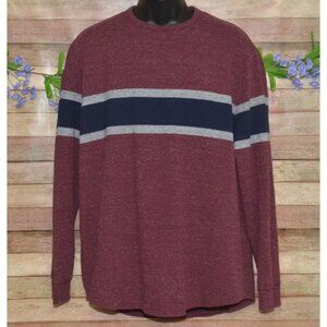 American Eagle Men's XXL Ribbed Knit Thermal Shirt Maroon Striped Crewneck Logo